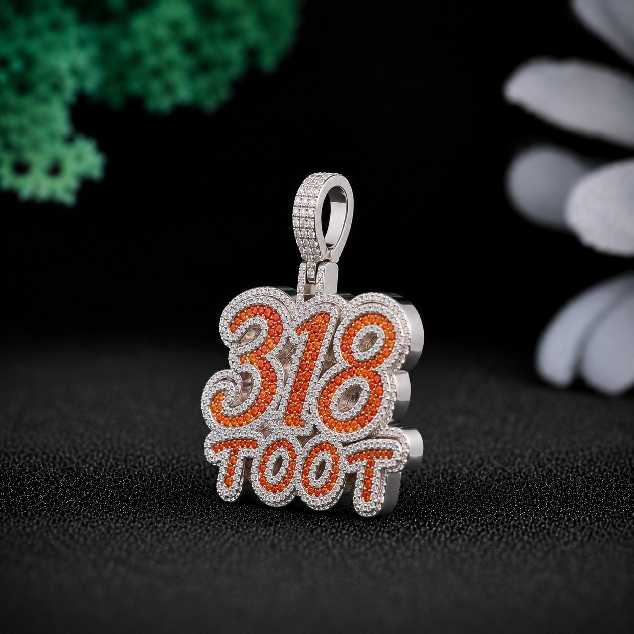 318 Toot Iced Out Pendant 925 Sterling Silver Orange CZ Hip Hop Necklace