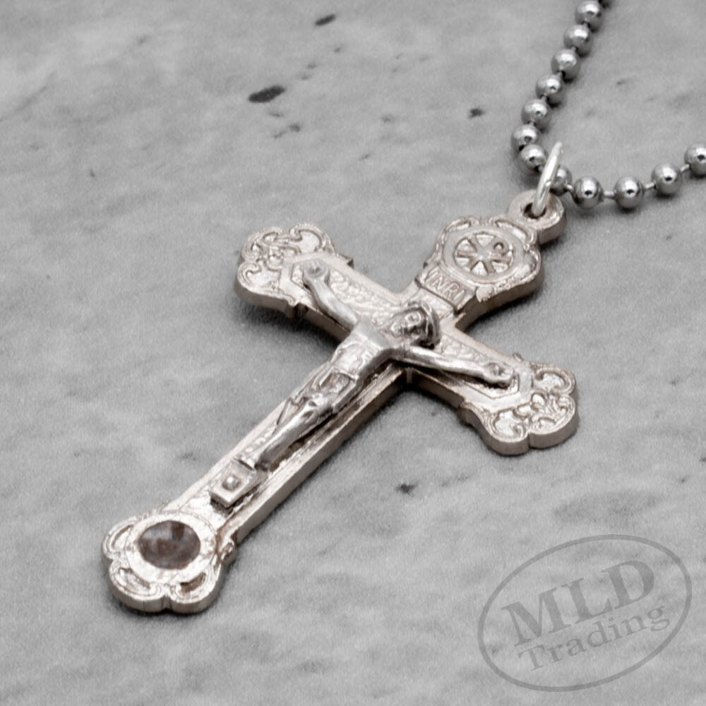 Relic Crucifix Pendant Necklace w Roman Catacombs Dirt Silver Plate Cross Italy