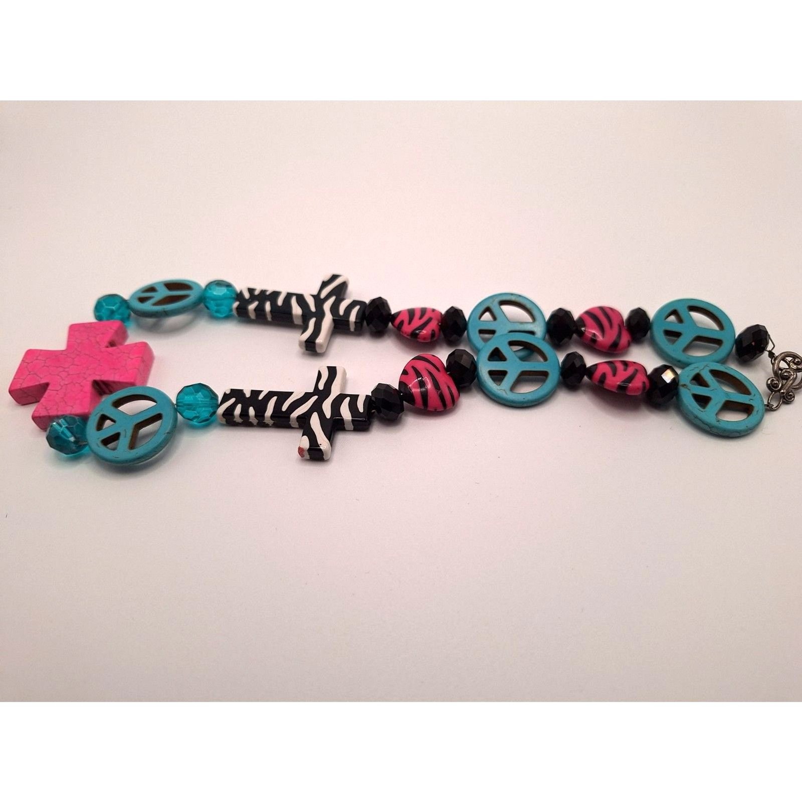 Cross peace necklace acrylic pink turquoise zebra print 18.5 inches toggle clasp
