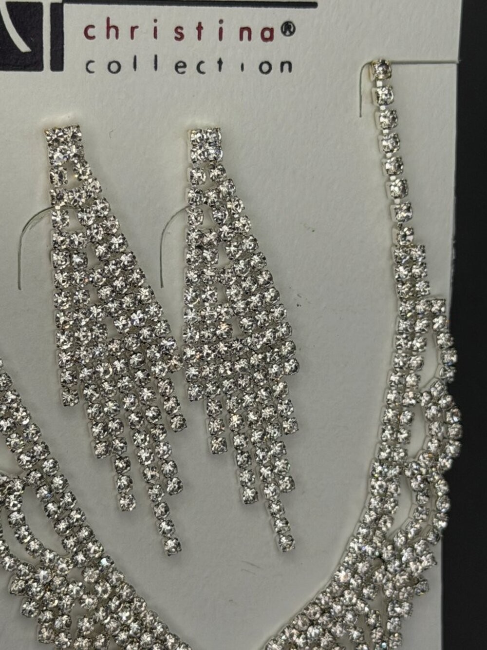 Christina Collection Silver Tone Rhinestone Fringe Statement Necklace & Earrings