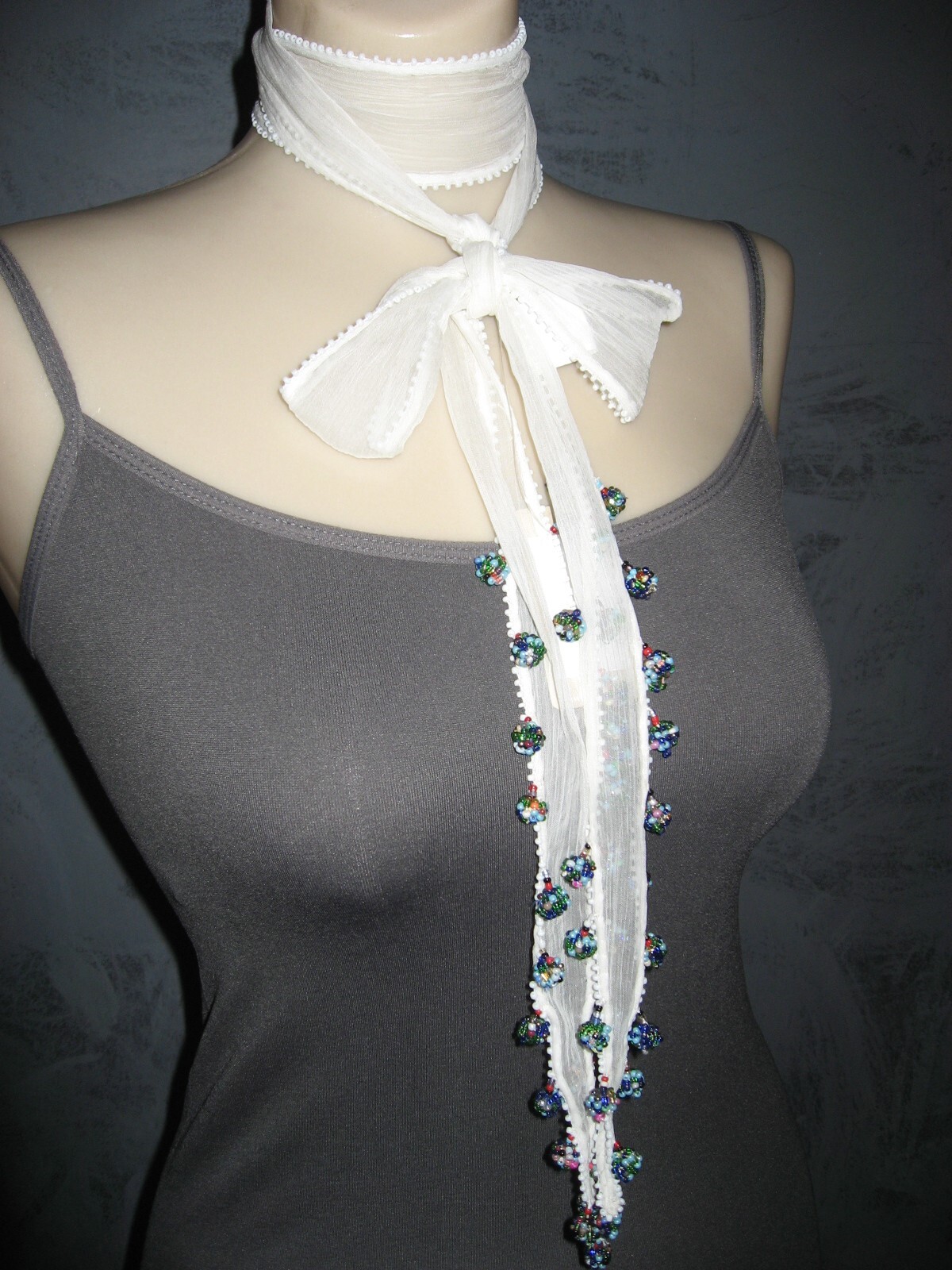 Chan Luu Scarf Skinny Tie White Sheer Organza Gumball Beading Bright Colors NWT