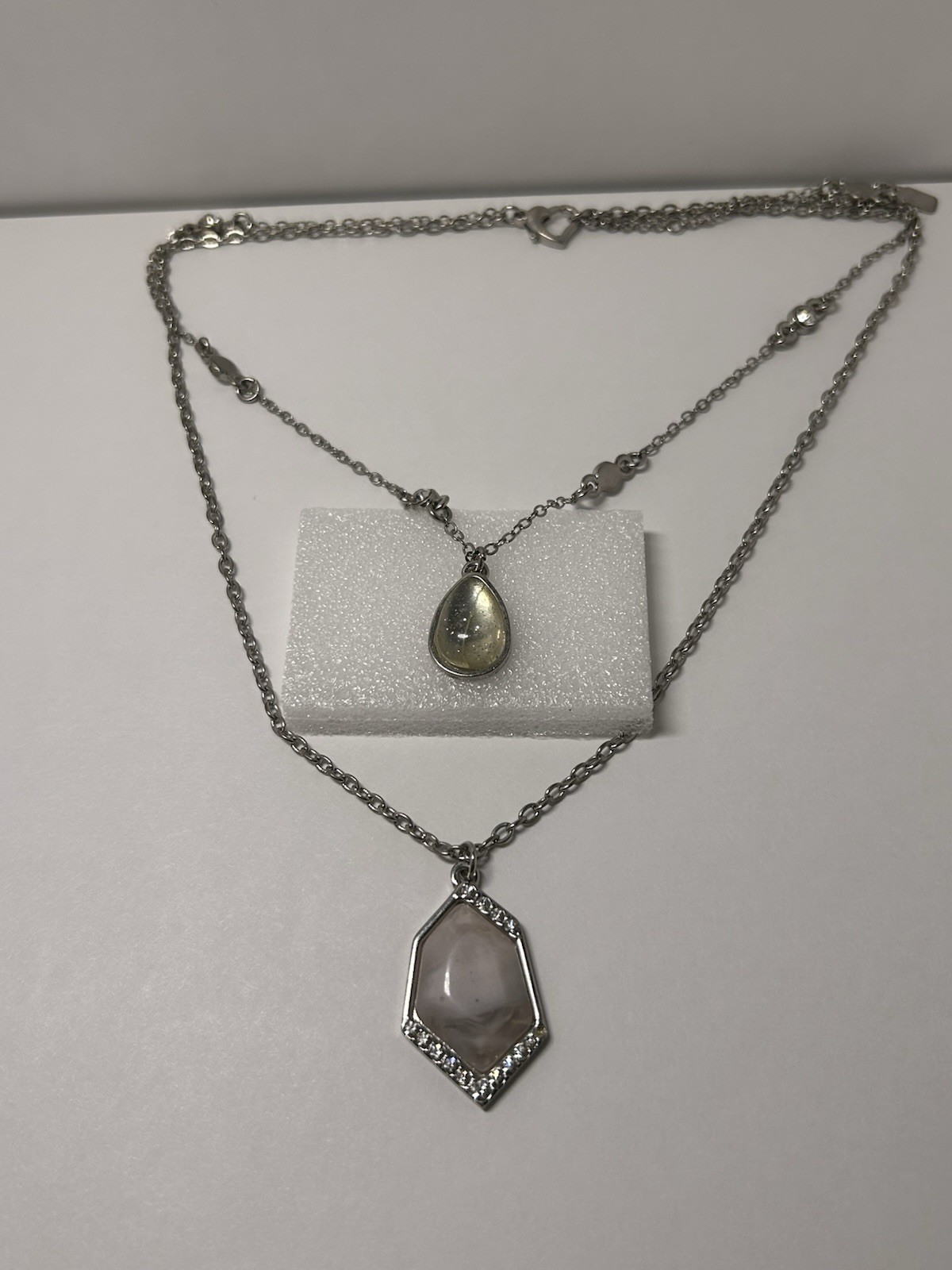Silver Tone Layered Chain Necklace Teardrop Charm Pendant Hexagon
