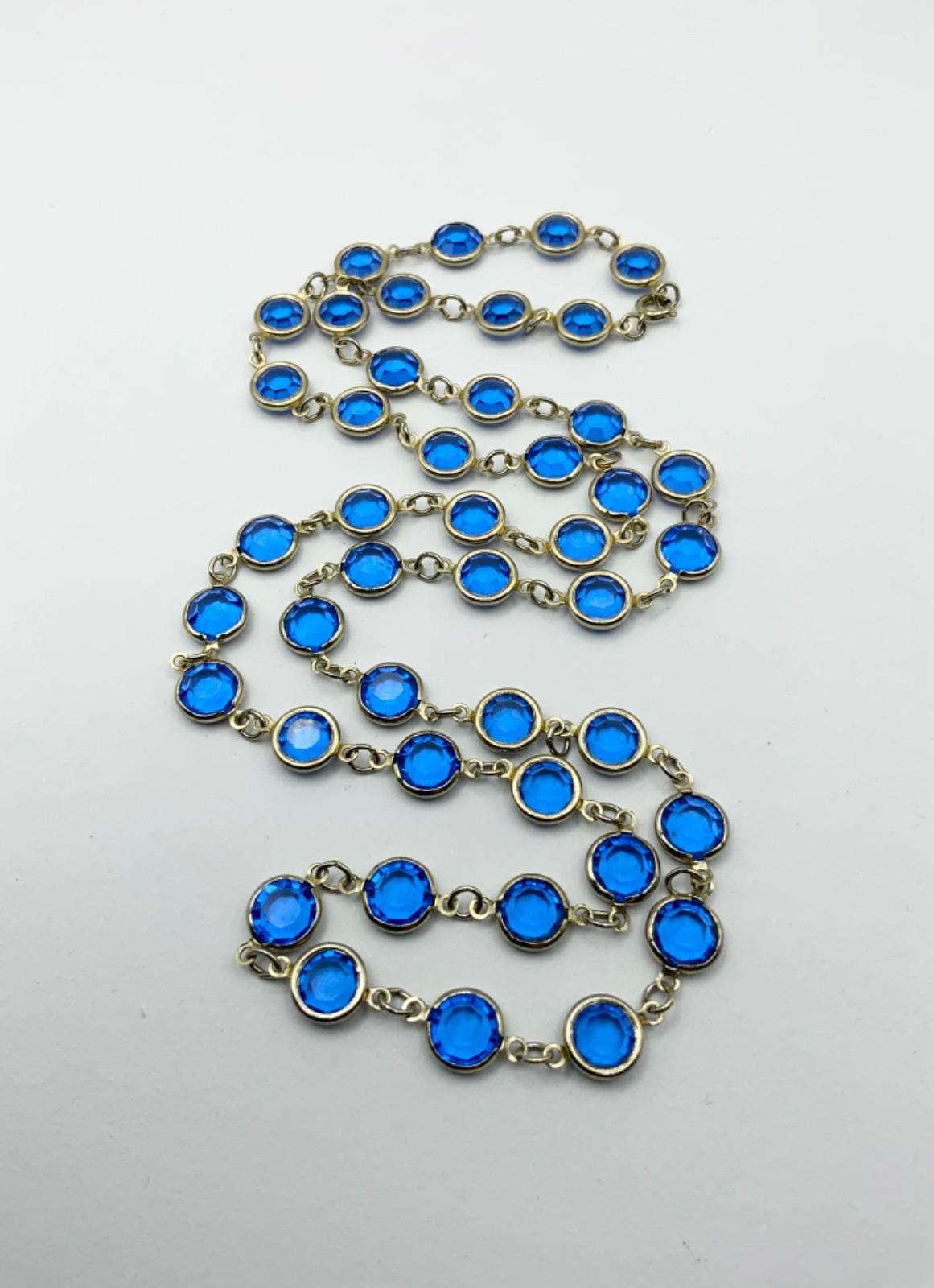 Vintage Blue Bezel Edge Necklace Gold Tone Metal Glass Beads 74cms