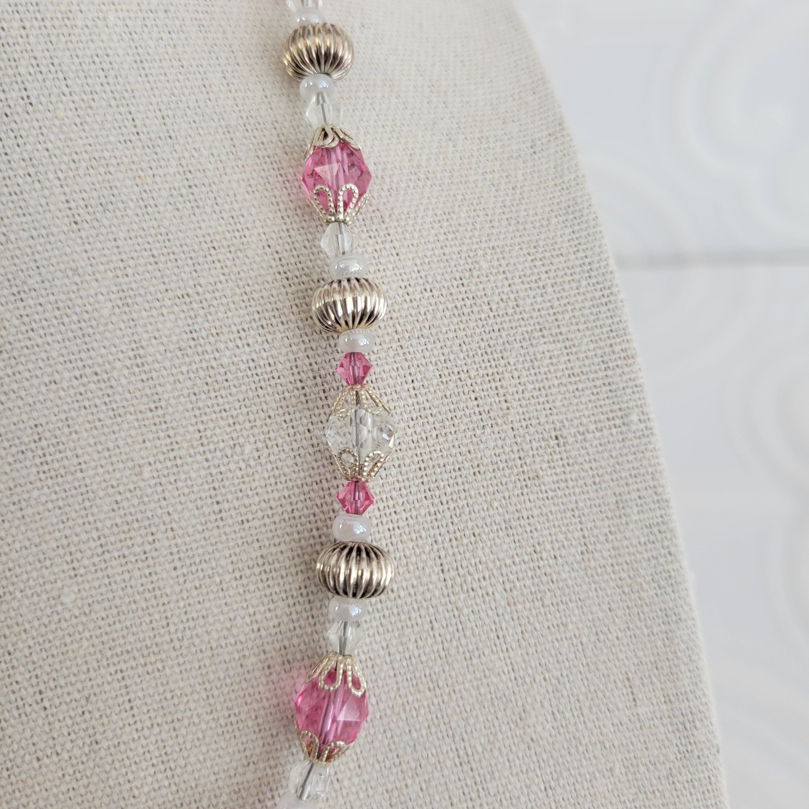 Lampwork Beaded Necklace Pink Crystal Floral Silver Tone Magnetic Clasp 18 Inch