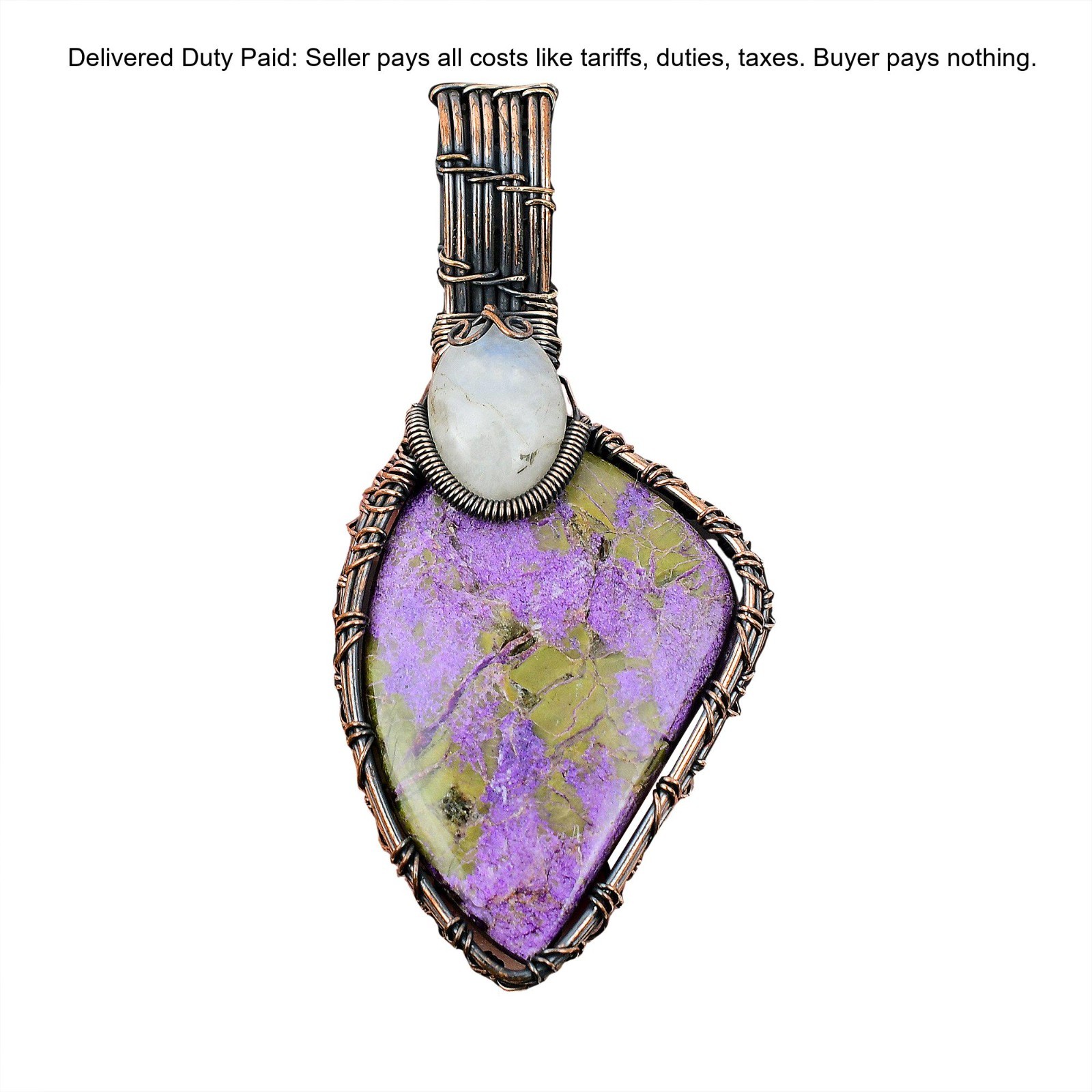 Copper Trillion Stichtite Gemstone Art Deco Daughter Wire Wrap Artisan Pendant