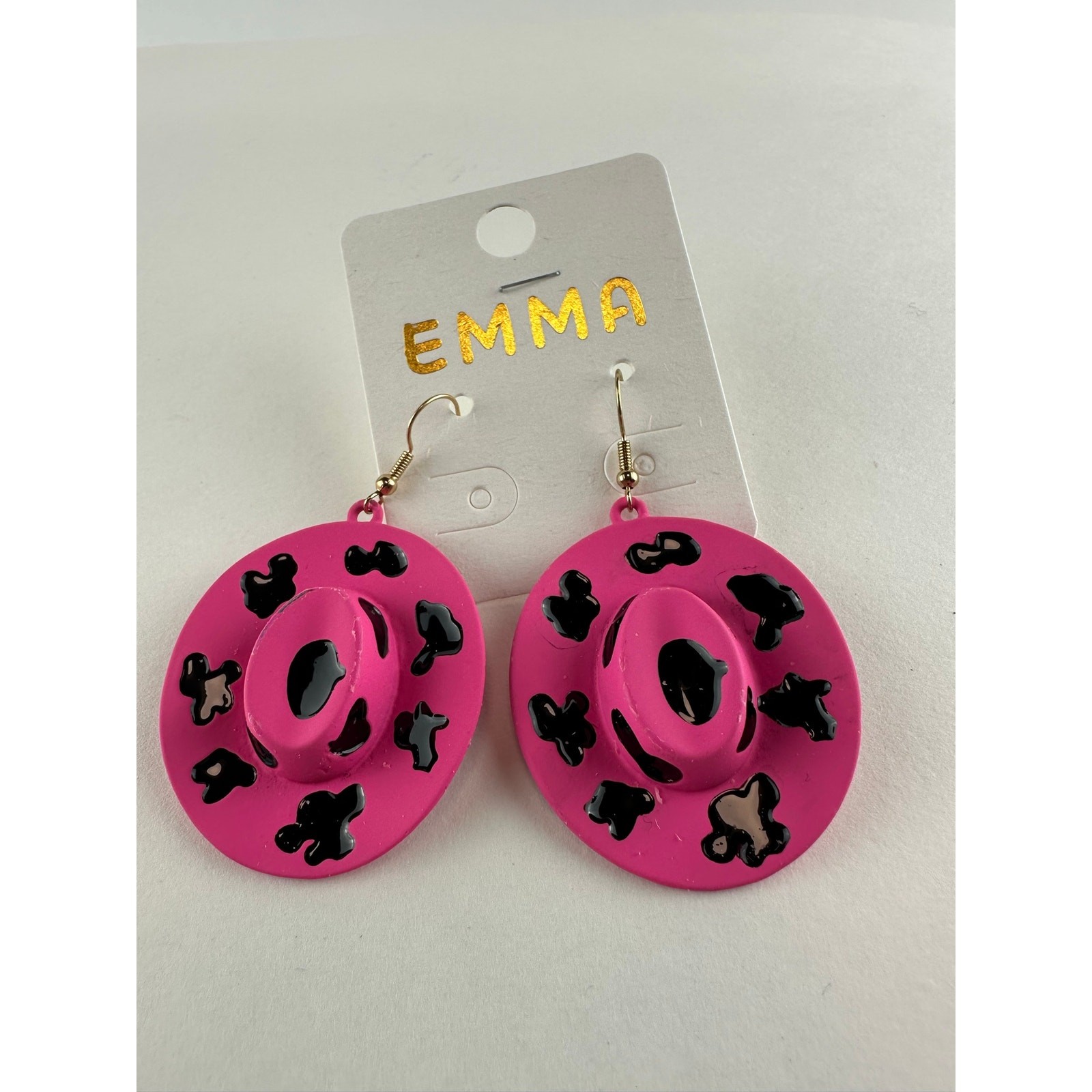 EMMA Western Pink Cow Print Cowboy Hat Pendant Necklace and Earring Set