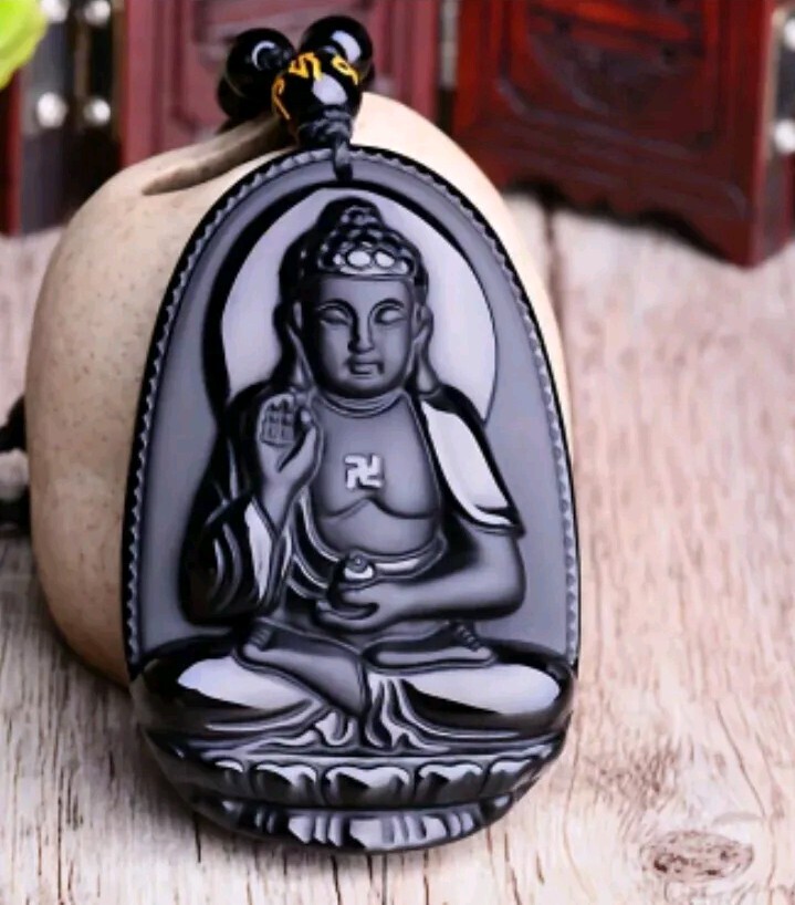 Collar Con Talismán Buda Amuleto De La Suerte Protección Hecho De Obsidiana