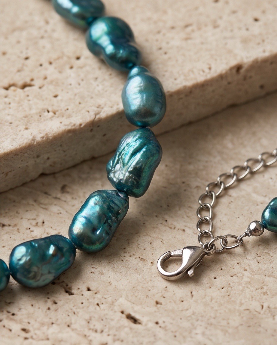 Teal Blue Baroque Pearl Necklace 54g Chunky Nugget w/ Green Stone Pendant St