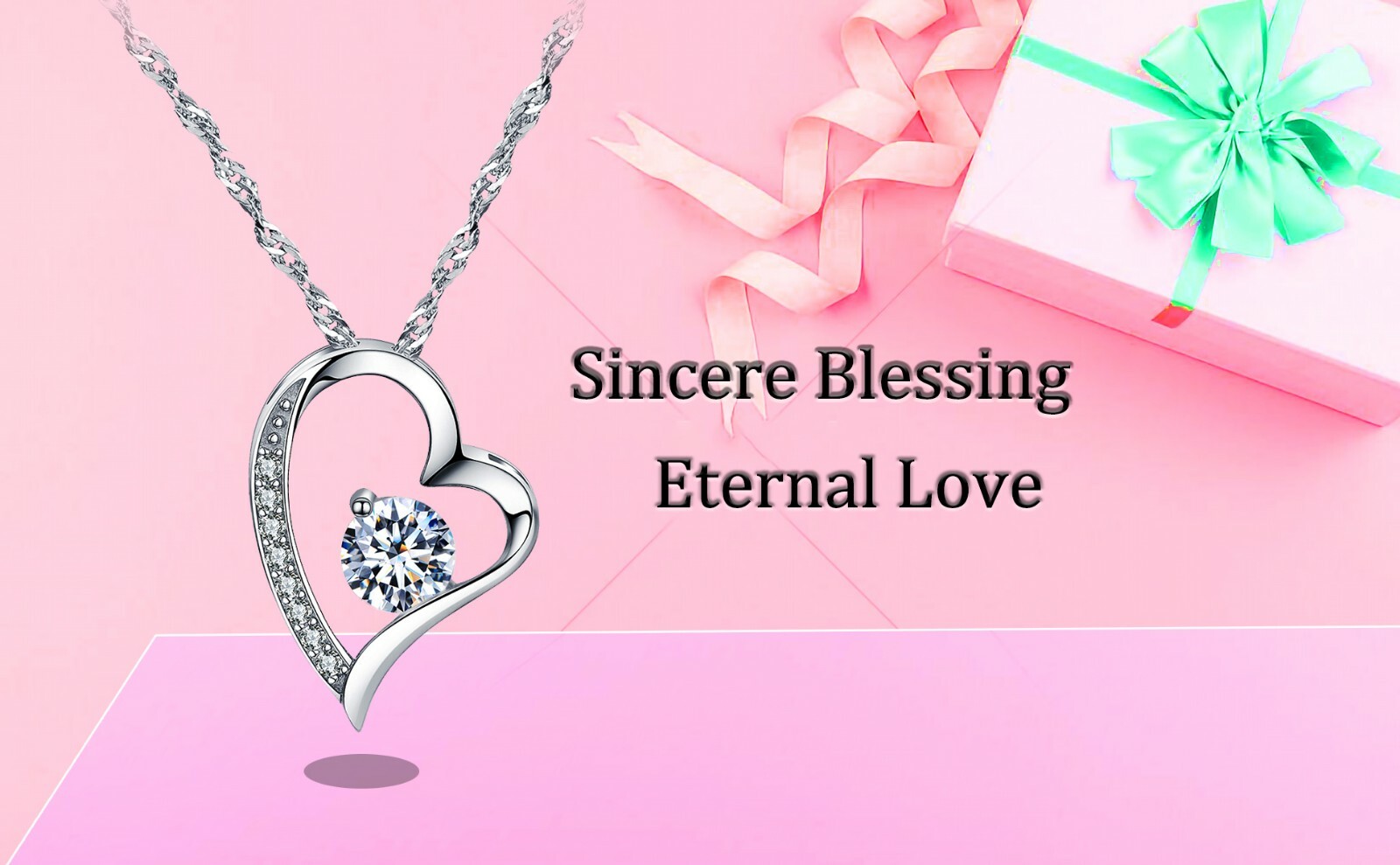 Women Necklace 14k White Gold Plated CZ Forever Lover Heart Pendant Necklace