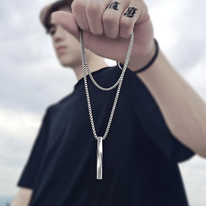 Men’s Fashion Jewelry Minimalist Twisted Silver Bar Pendant Necklace 351
