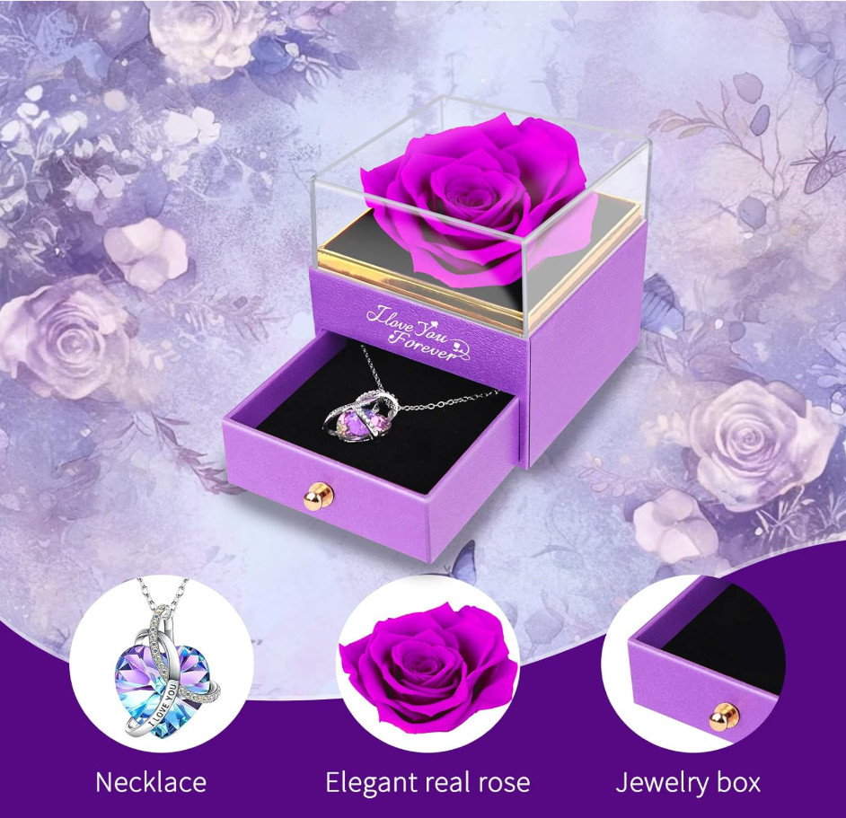 Valentine’s Day Forever Preserved Rose with Necklace Gift for Her Women Mom Wife