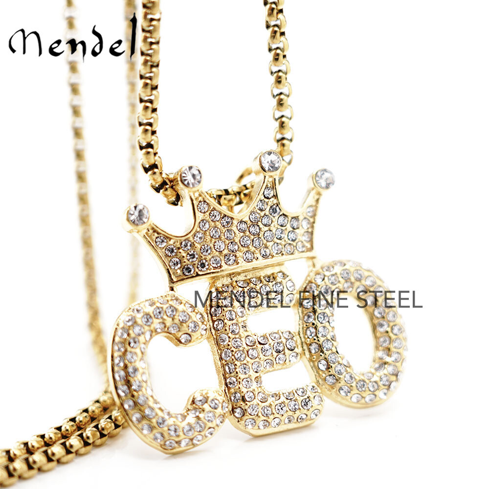 MENDEL Stainless Steel Mens Gold Plated Bling Hip Hop Crown Pendant Necklace Men