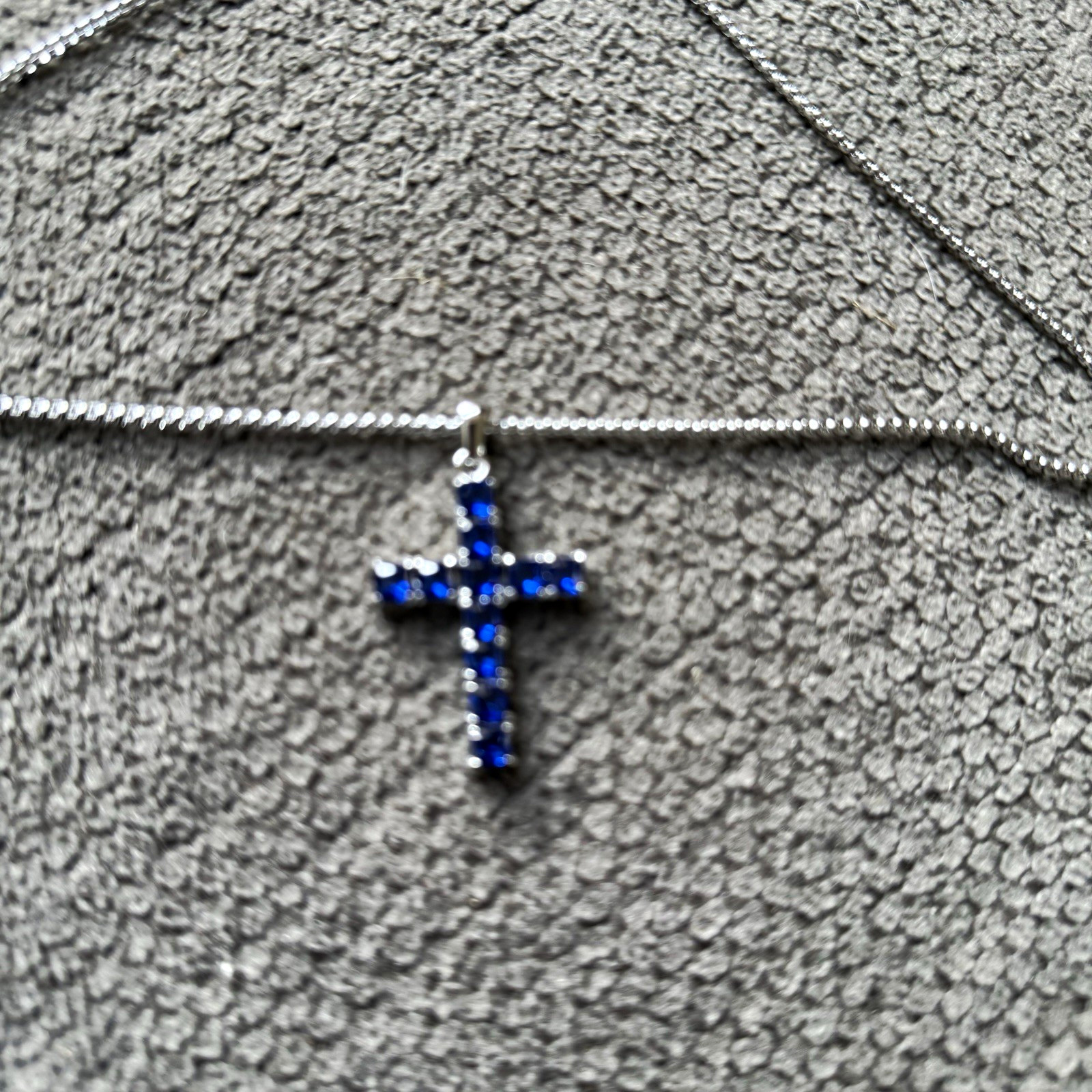 Silver Tone Box Chain Necklace Blue Crystal Cross Pendant Prong Set