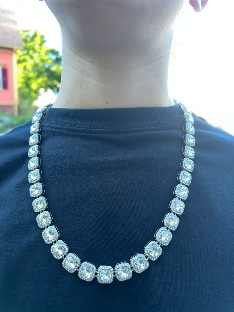 Silver-Tone Simulated Diamond Rhinestone Tennis Chain Necklace Prong Set