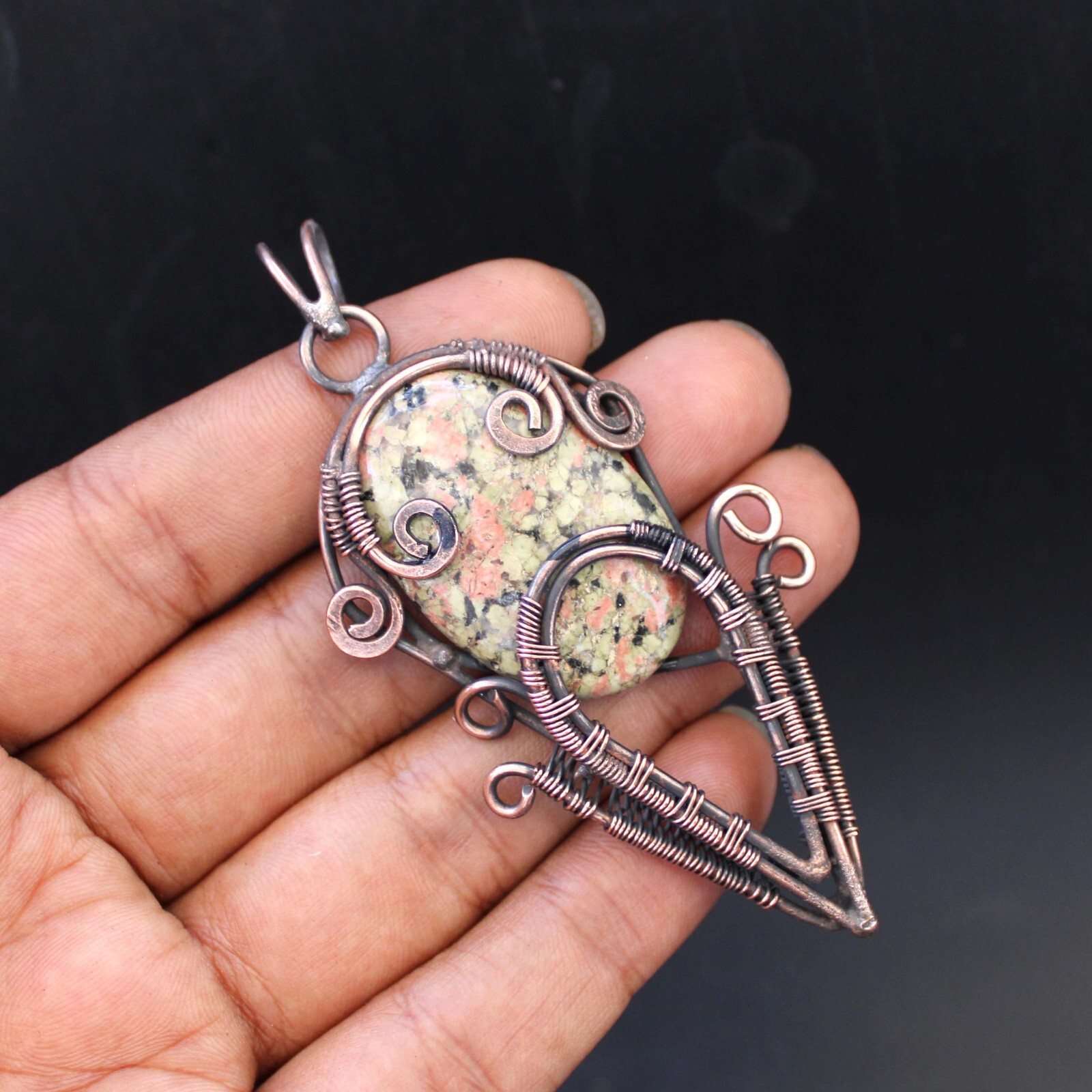 Unakite Gemstone Pendant Copper Wire Wrapped Pendant Jewelry Anniversary Gift