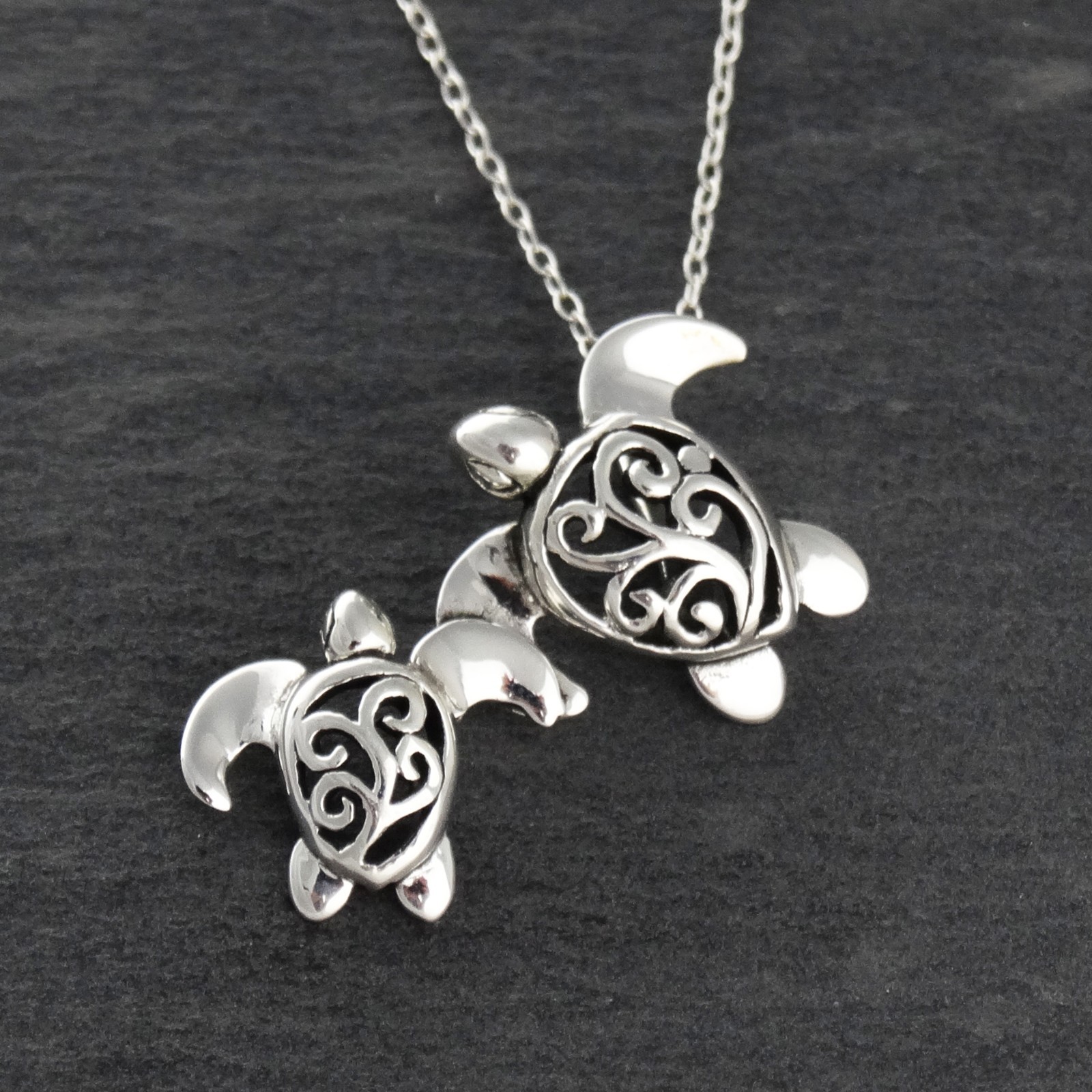 3D Sea Turtles Necklace – 925 Sterling Silver – Filigree Pendant Ocean Turtle