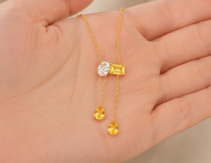 4ct Pear Cut Simulated Yellow Citrine/Diamond Art Necklace 14k Rose Gold Plated