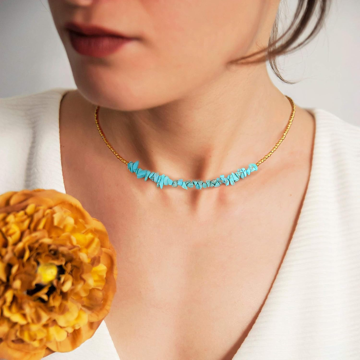 Aobei Pearl Gemstone Beaded Choker Necklace for Women Boho Turquoise/Cultured Fr