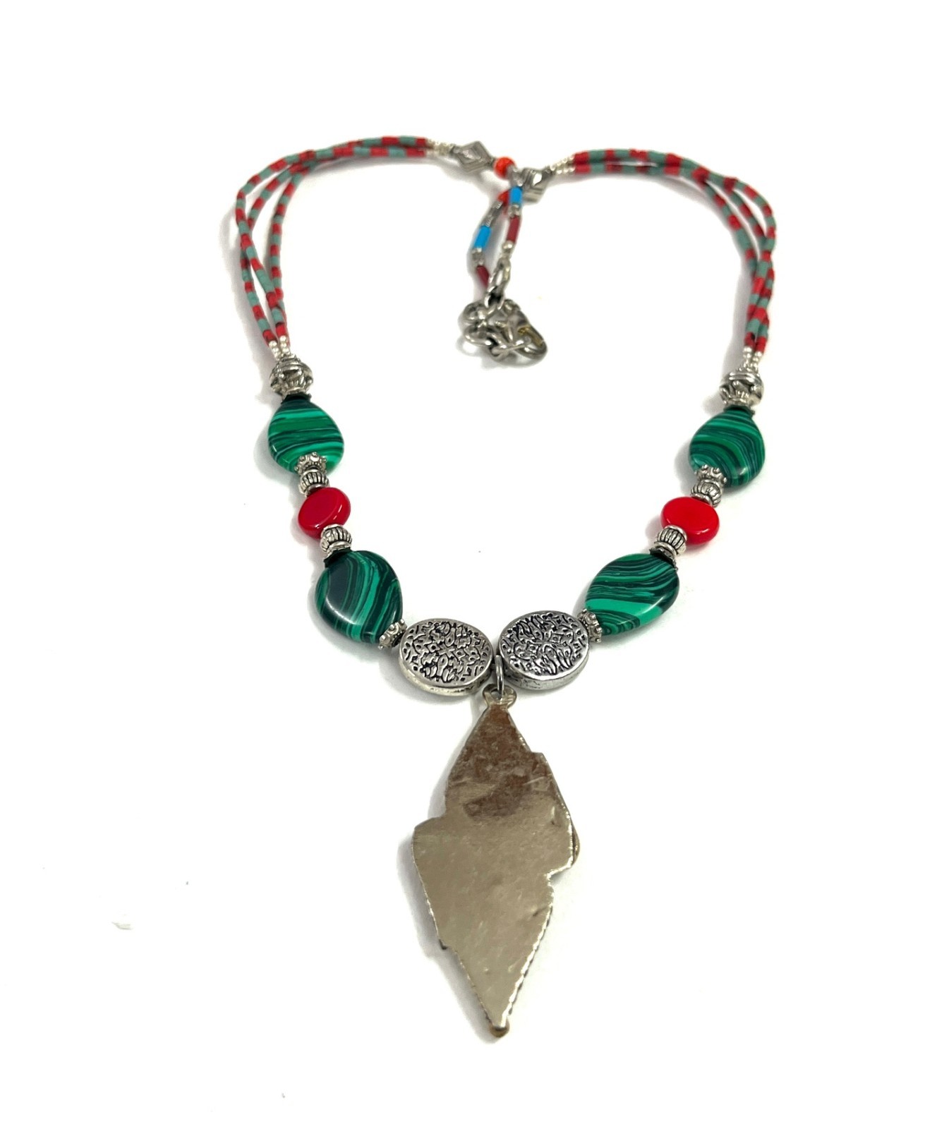 Art Deco Malachite Coral Gemstone Tibetan Necklace Jewelry, 18 Inc Adjs