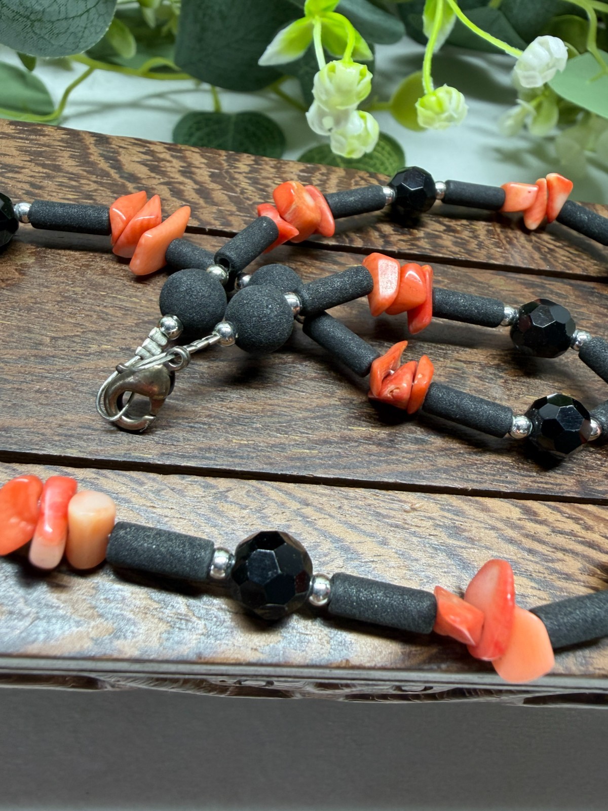 Vintage Coral, Lava Rock & Glass Beaded 18″ Necklace 16g Boho Retro Quirky