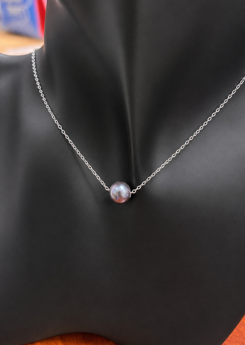 Necklace 7mm Black Pearl 15-17″ Adjustable Sterling Silver Chain Thailand Gift
