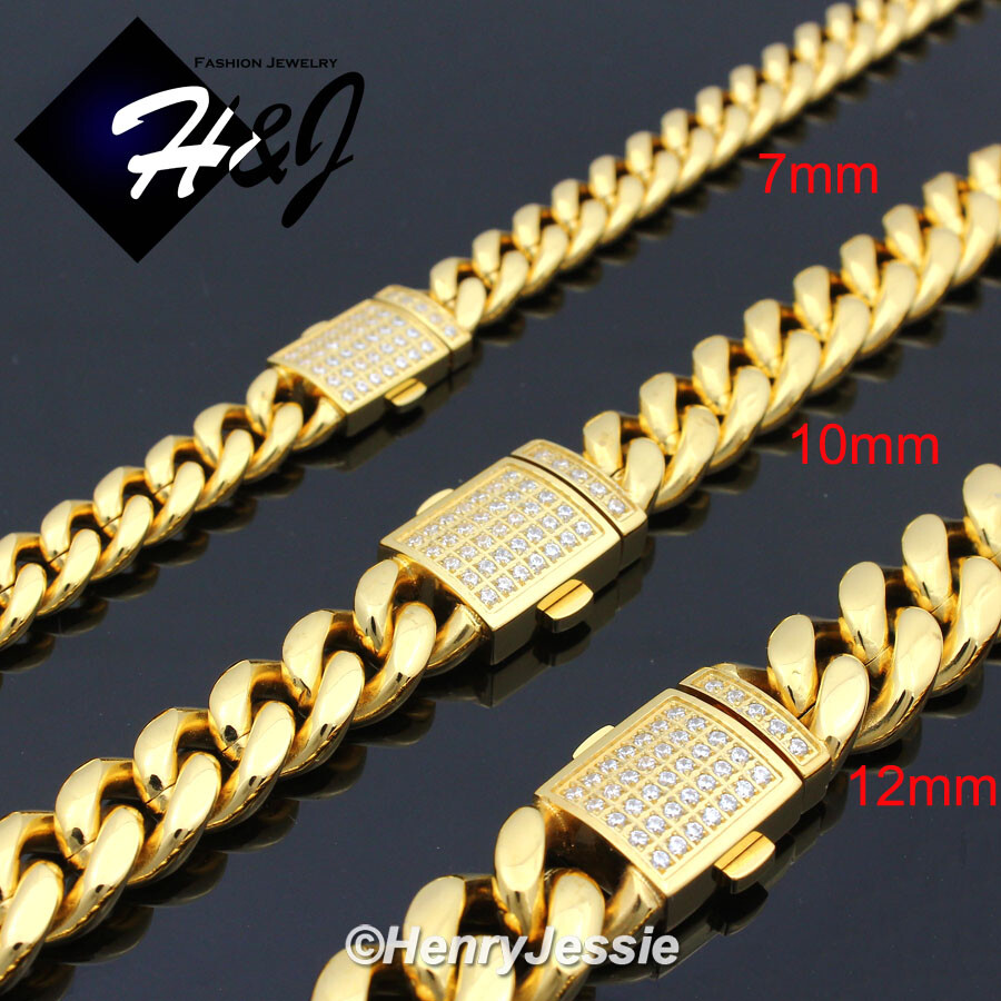 18″-40″Stainless Steel 7/10/12mm Silver/Gold Plated CZ Cuban Curb Necklace*N165