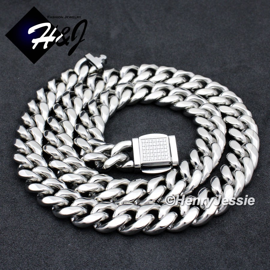 18″-40″MEN Stainless Steel 12mm Silver ICY CZ Miami Cuban Curb Necklace*N175
