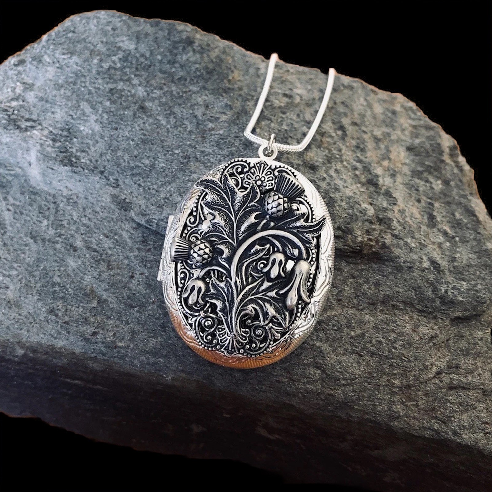 Thistle Locket Necklace Photo Pillbox Stash Pendant, 925 Sterling Silver Chain