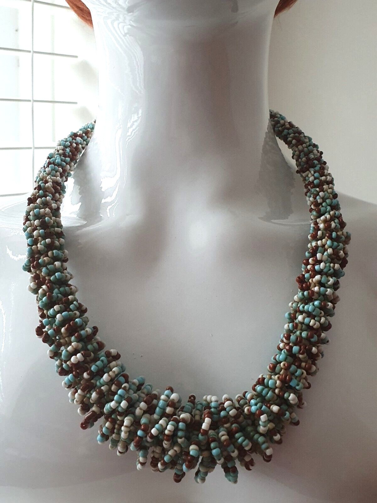 Blue White Brown Twisted Seed Bead None Metal Tribal Ethnic Adjustable Necklace