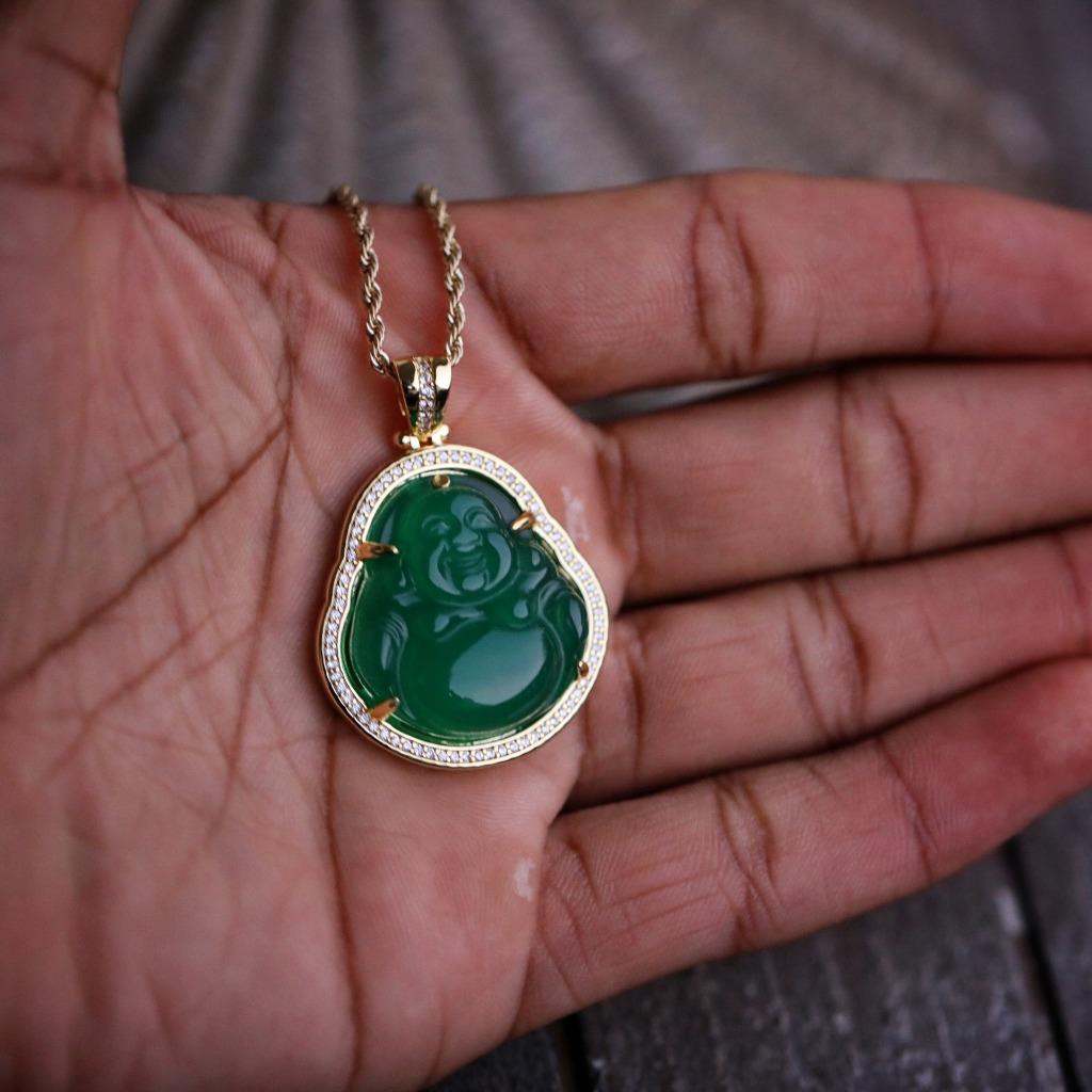 14K Gold Plated Green Jade Buddha Pendant Necklace With Lab Simulated Diamonds