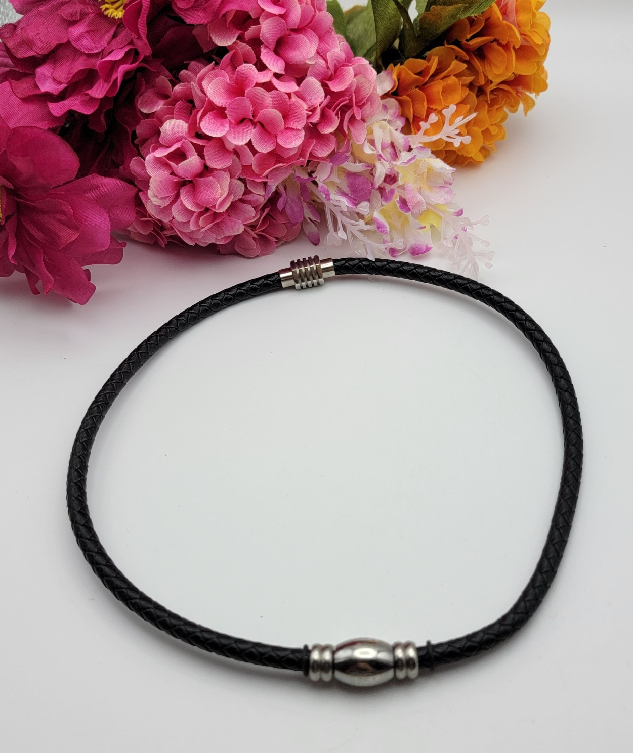 Bolt Nut Charm Black Leather Cord Choker Necklace 20″ Braided Stainless Steel