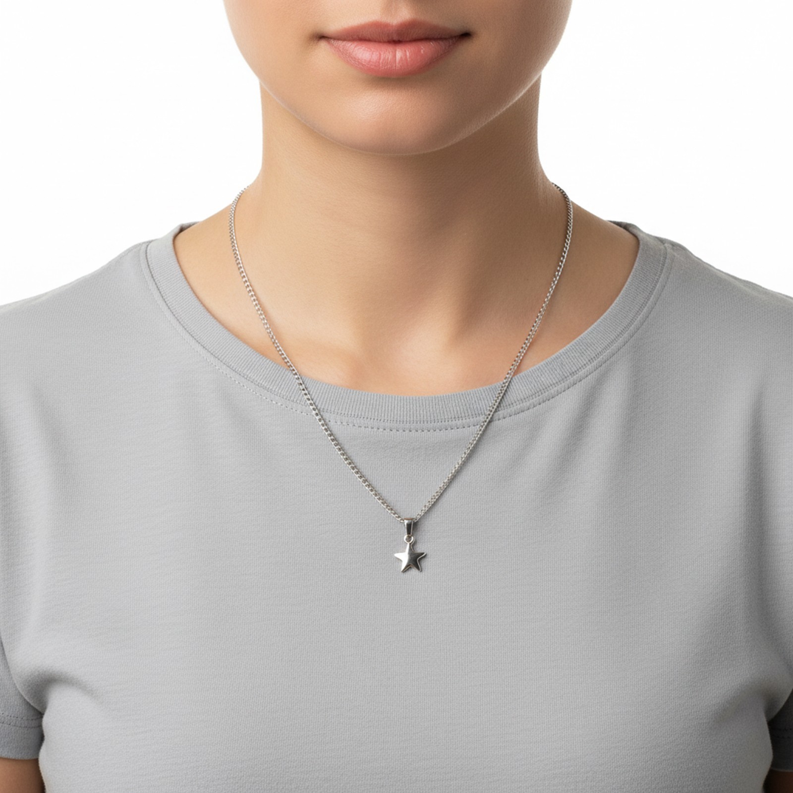 Silver Star Necklace Women Stainless Steel Pendant Cuban Link Chain 16-22″