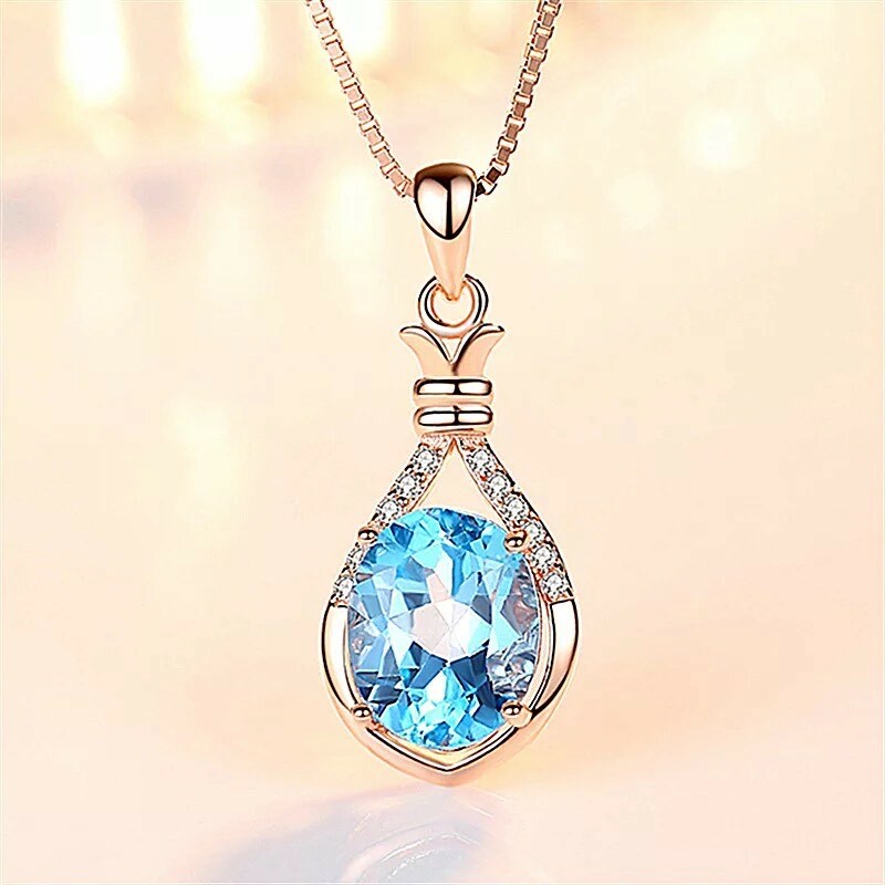 Stunning Blue Topaz 18K Rose / White Gold Filled Vase Pendant Necklace