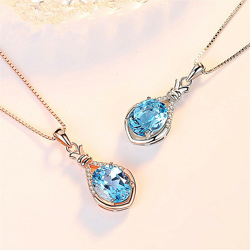 Stunning Blue Topaz 18K Rose / White Gold Filled Vase Pendant Necklace