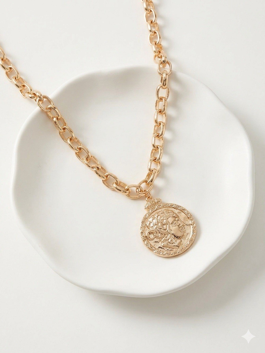 Chico’s Coin Gold Medallion Chain Necklace Greek Roman Statement Boho Portrait