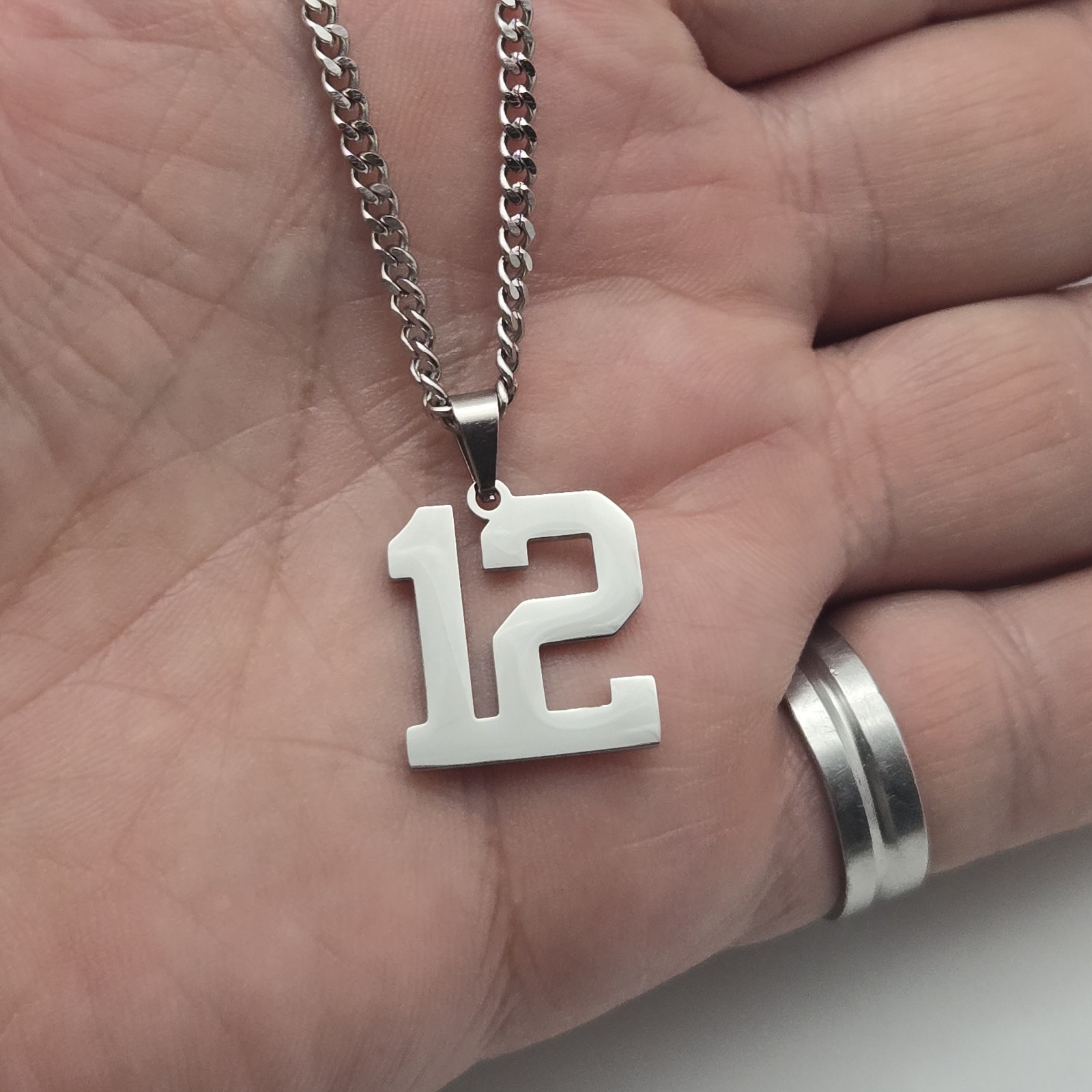 #12 BASEBALL FOOTBALL NUMBER Pendant Charm / 20″-24″ STAINLESS CHAIN NECKLACE