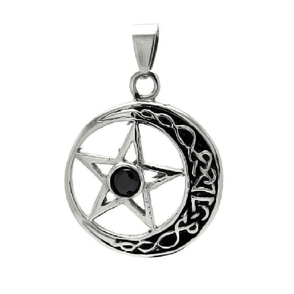 Stainless Steel Moon & Star Black CZ Stone Pendant, Free Bead Ball Chain