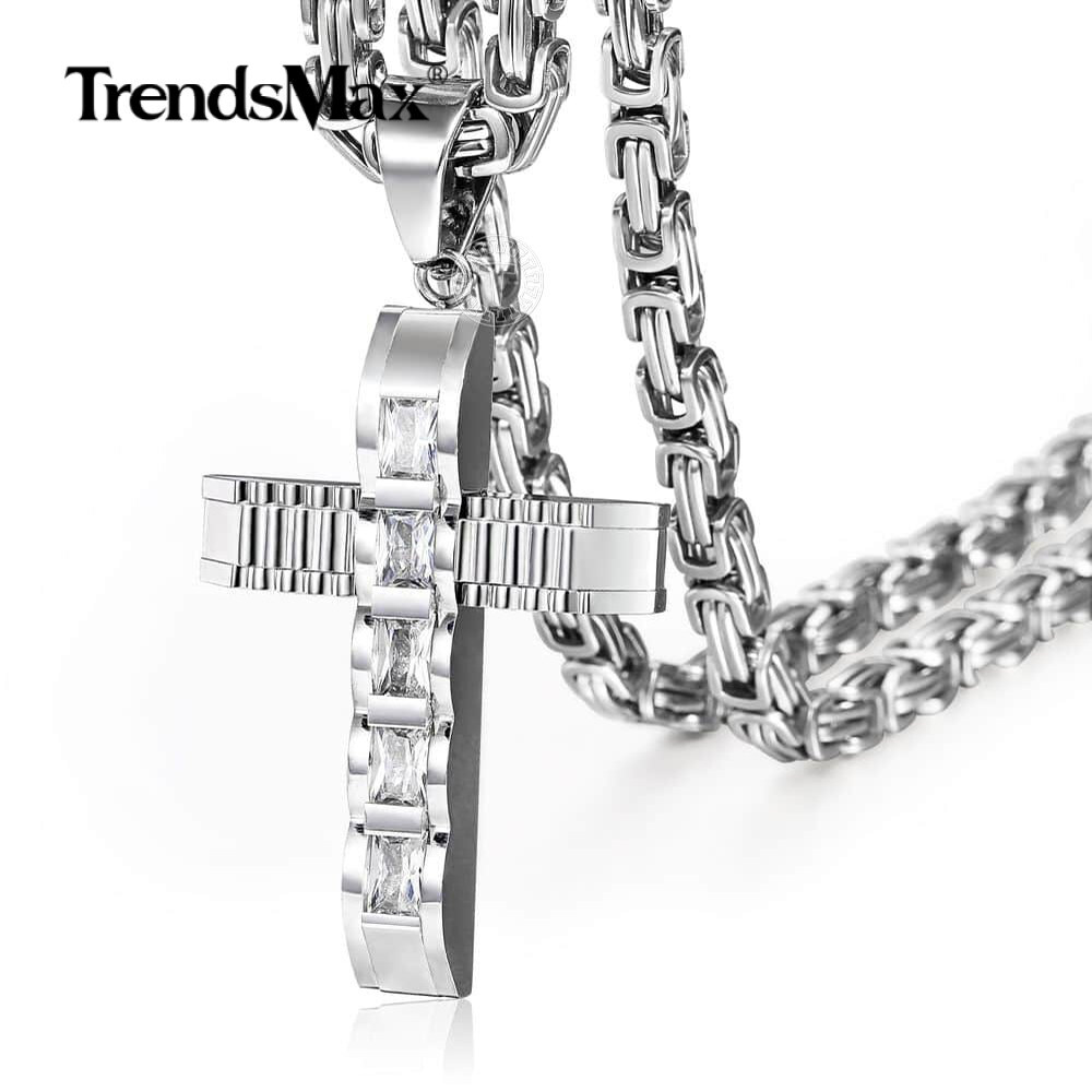 Cubic Zirconia CZ Cross Necklace Pendant Stainless Steel Byzantine Box Chain Men
