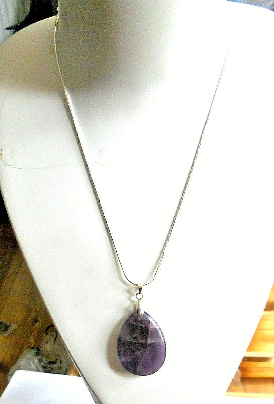 Ameythst teardrop 38x25mm on silver snake chain 18″long