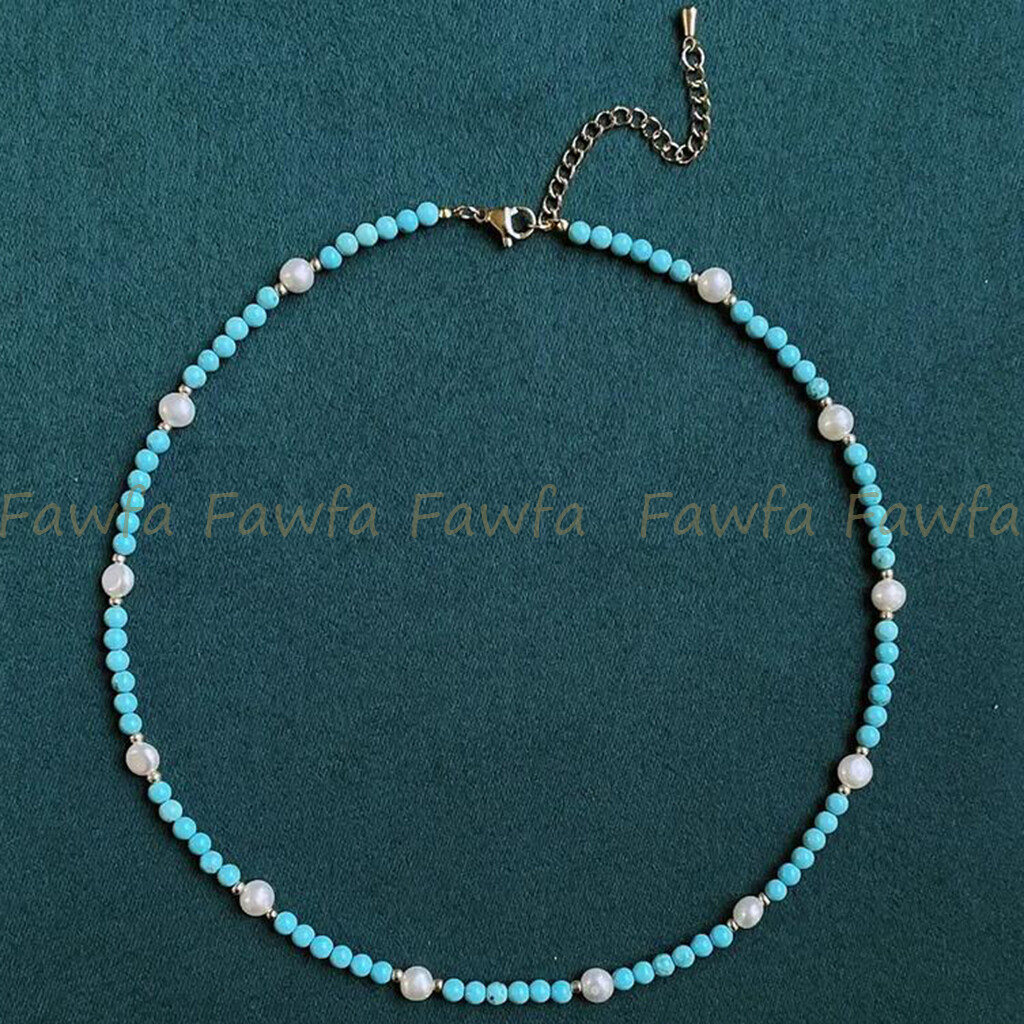 4mm Natural Turquoise Round Gems Beads 6-7mm White Baroque Pearl Necklace 14-36″