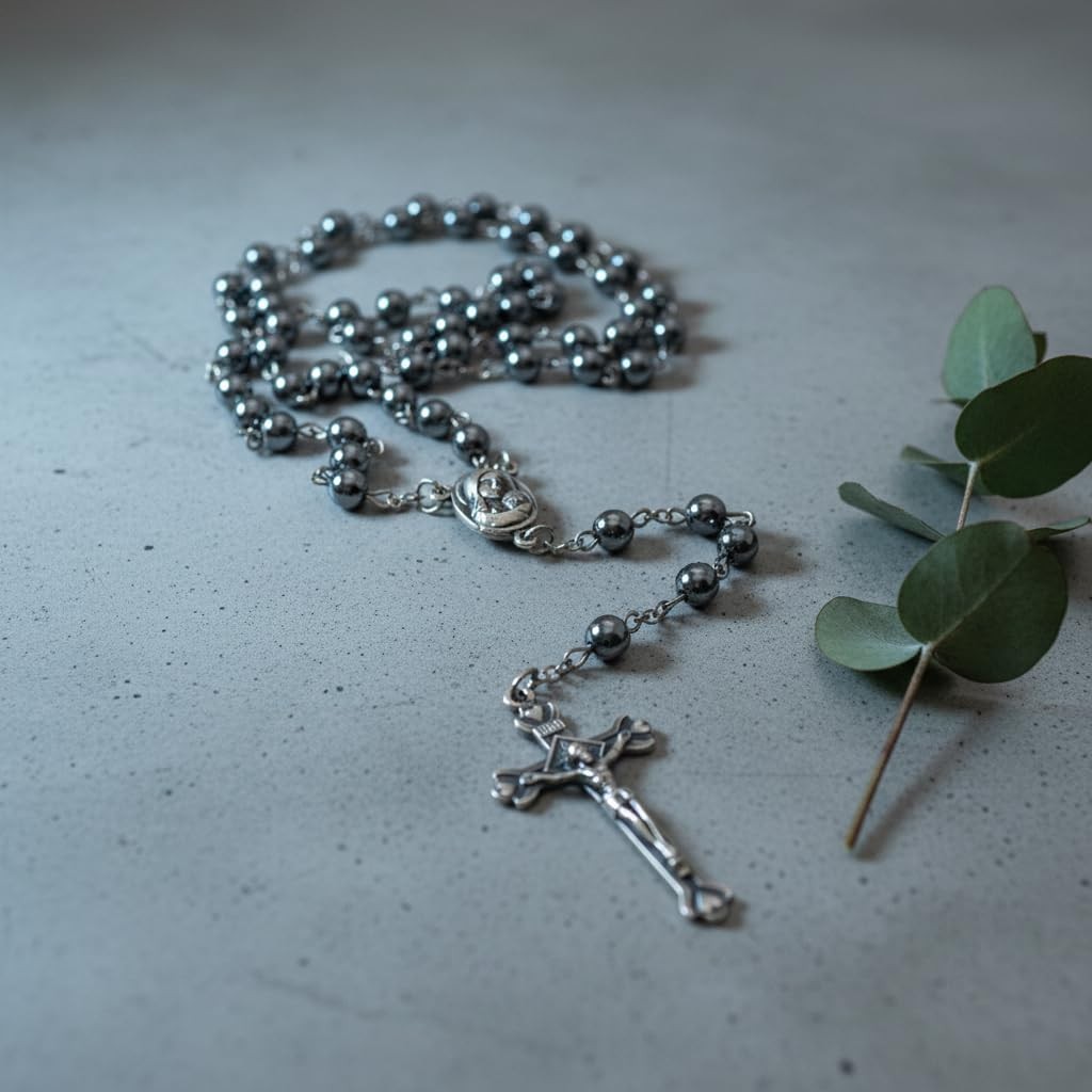 unisex-adult Hematite Rosary Black Stone Beads Necklace with Jerusalem Holy S…