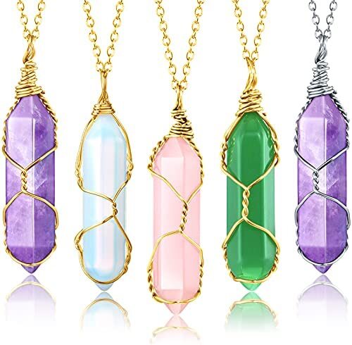 5 Pieces Crystal Necklaces, Healing Stones Spiritual Pendant for Women Girl Gift