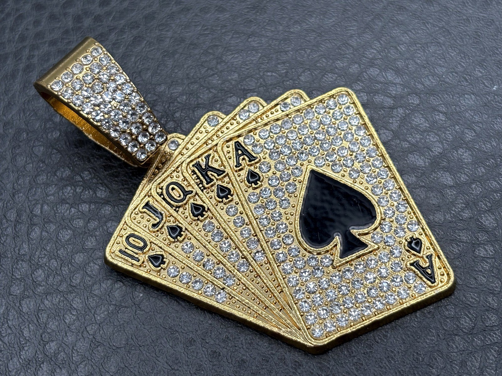 Gold Tone Iced Out Royal Flush Playing Cards Poker Pendant Hip Hop CZ Stones