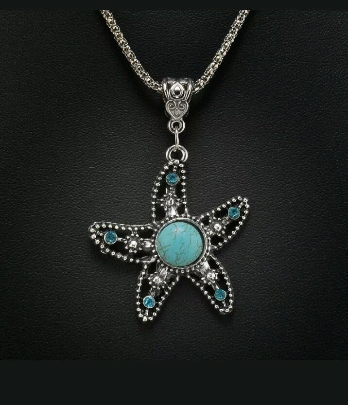 Vintage Tibetan Silver Turquoise Crystal Starfish Pendant Necklace