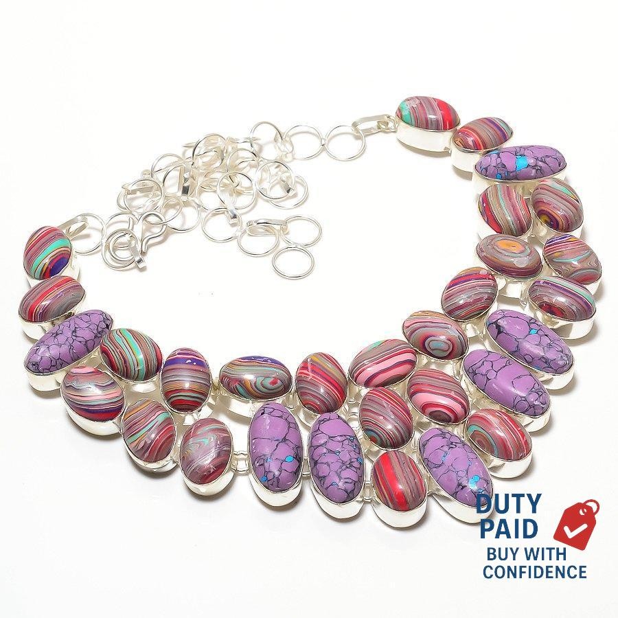 Genuine Rainbow Calsilica Purple Turquoise Silver Finish Chain Necklace Jewelry