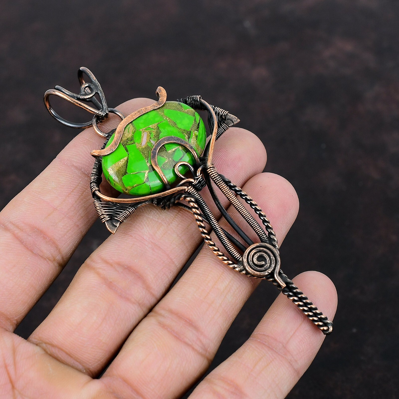 Women’s Day Sale Green Turquoise Copper Mother Gift Wire Wrapped Pendant 3.86″