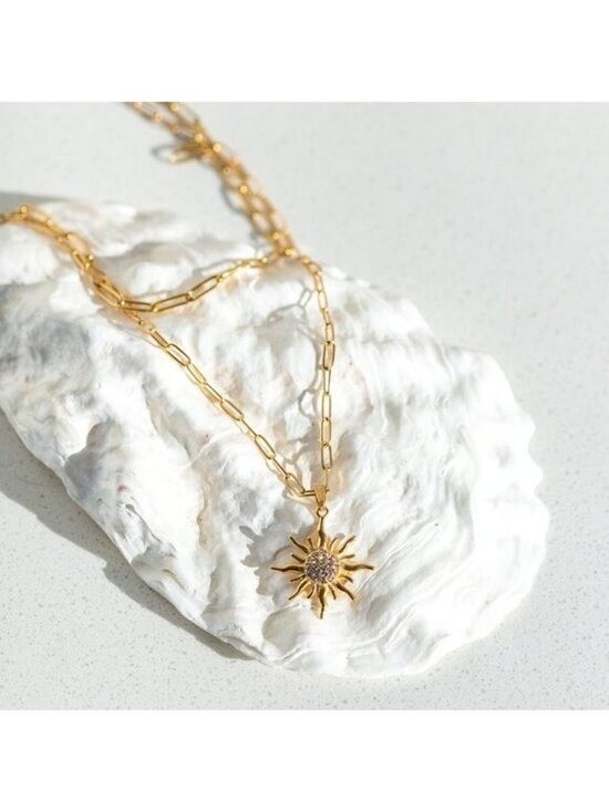 Double Layer Necklace w/cz Sun Pendant Gold Layered Necklace Summer Jewelry