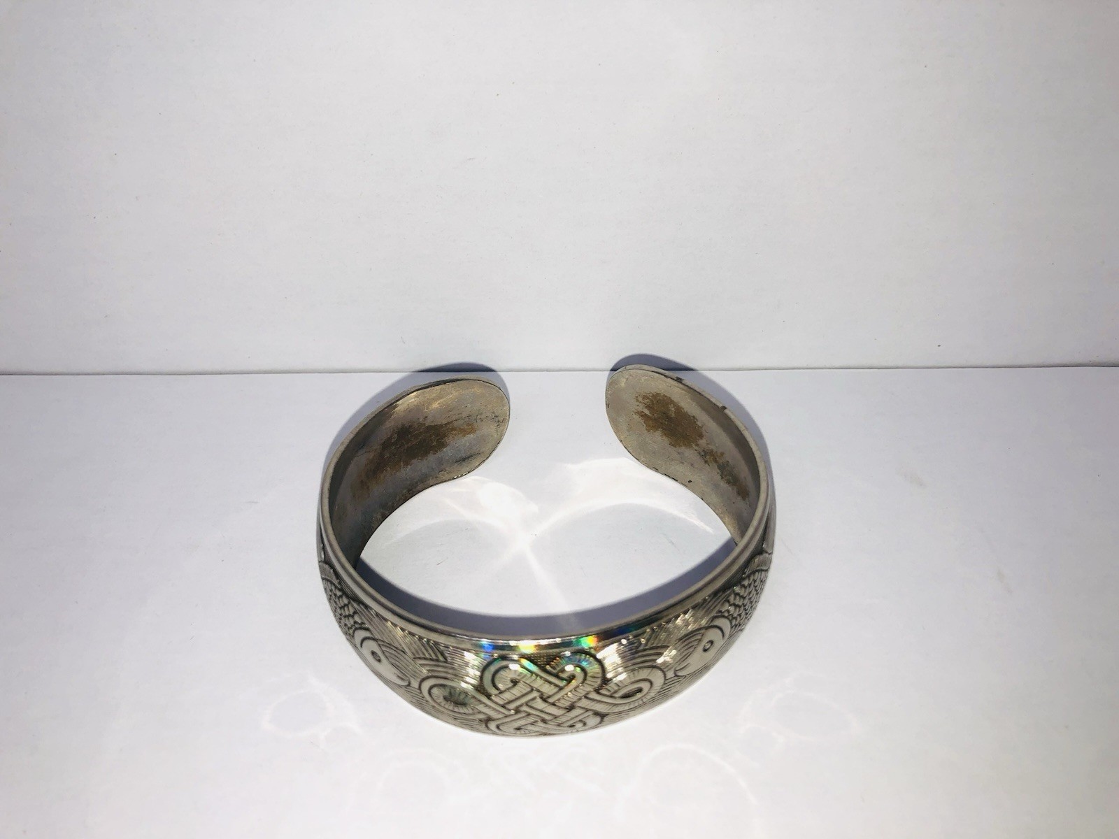 VTG Bangle Bracelet Silver Tone Etched Celtic Knot and Fish Design Open Cuff
