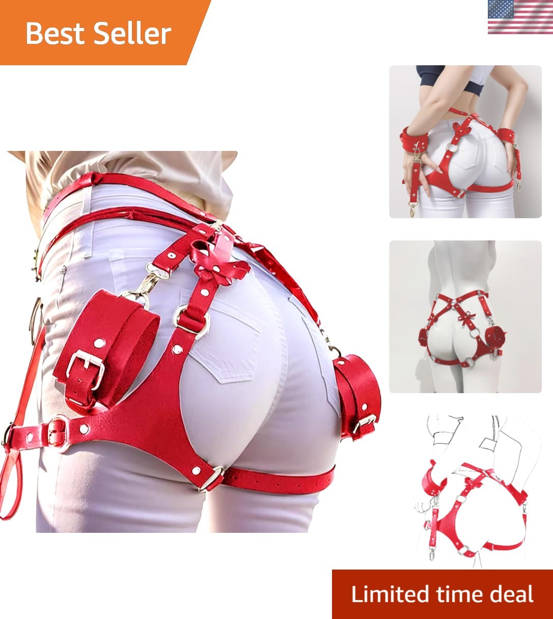 Fashionable Red Leather Thigh Harness with Buckle Closure – One Size Fits Most