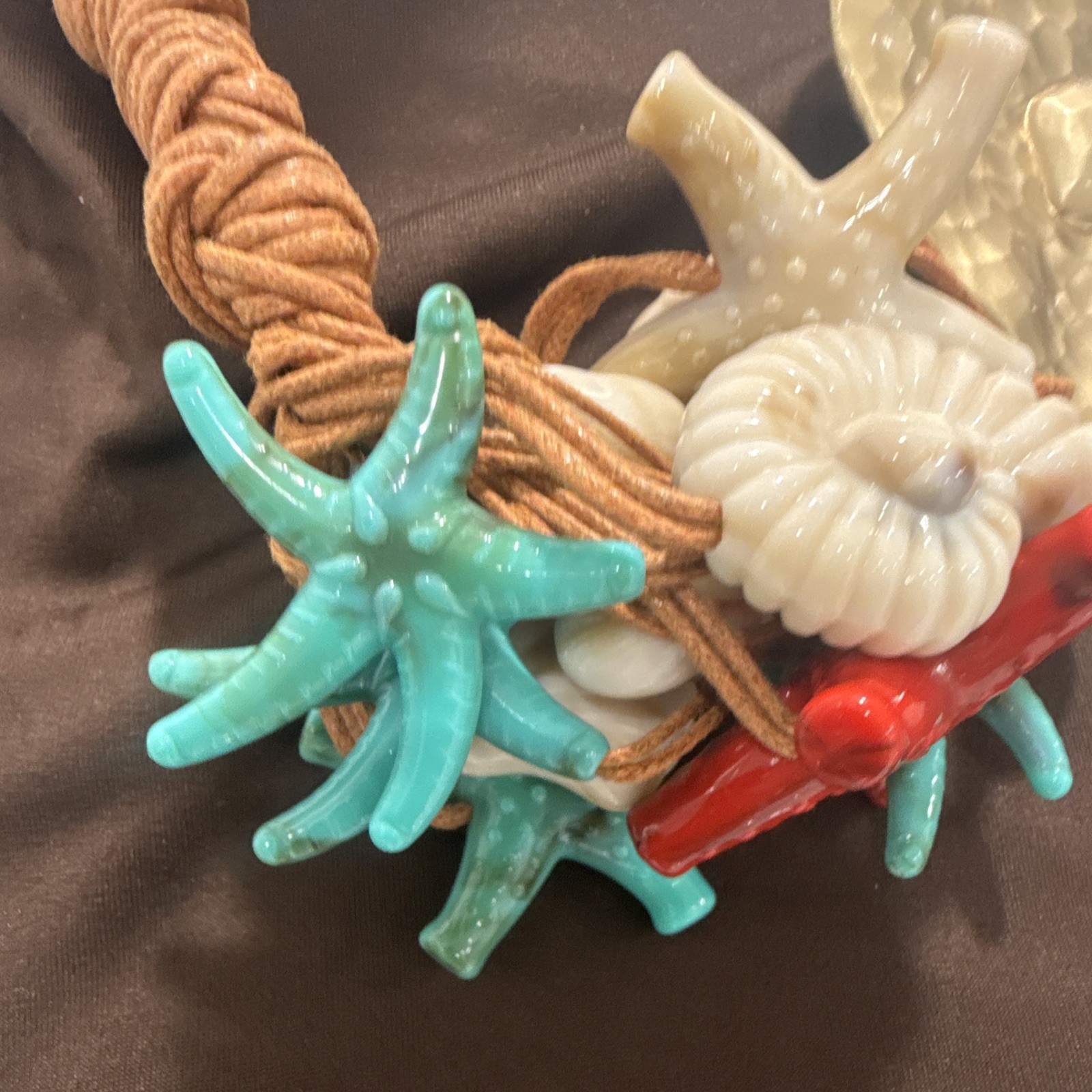 Statement Cord Necklace Sea Life Charm Pendant Brown Gold Multicolor Adjustable